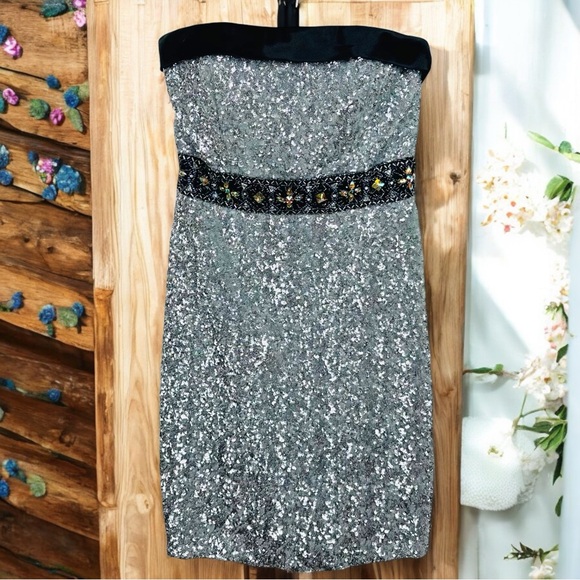 Tony Bowls Sequin & Satin Rhinestone Square Neck Bodycon Formal Mini Prom Dress